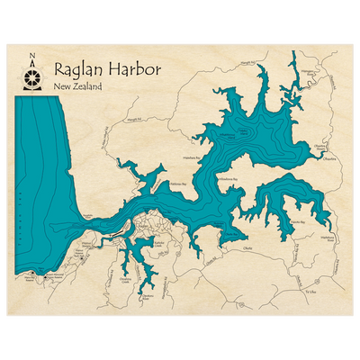 Bathymetric topo map of Raglan Harbor  with roads, towns and depths noted in blue water