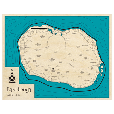 Bathymetric topo map of Rarotonga with roads, towns and depths noted in blue water