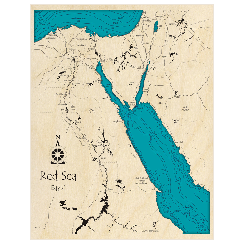 Bathymetric topo map of Red Sea (Northern Section) with roads, towns and depths noted in blue water