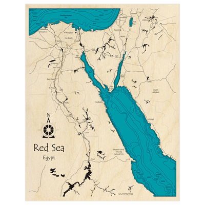 Bathymetric topo map of Red Sea (Northern Section) with roads, towns and depths noted in blue water