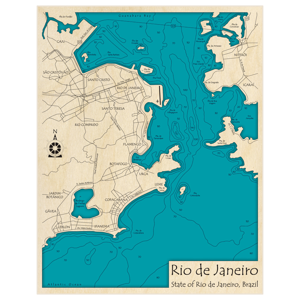 Bathymetric topo map of Rio de Janeiro with roads, towns and depths noted in blue water