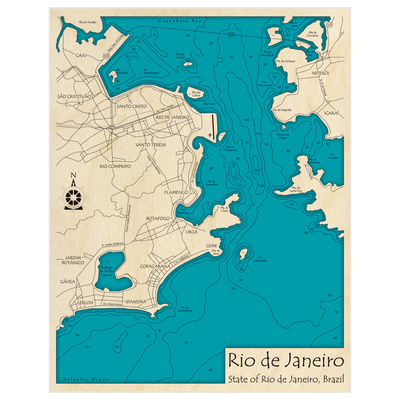 Bathymetric topo map of Rio de Janeiro with roads, towns and depths noted in blue water