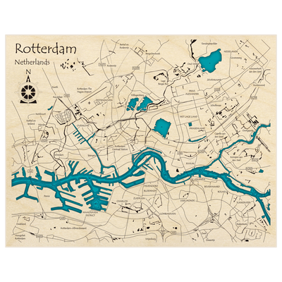 Bathymetric topo map of Rotterdam with roads, towns and depths noted in blue water