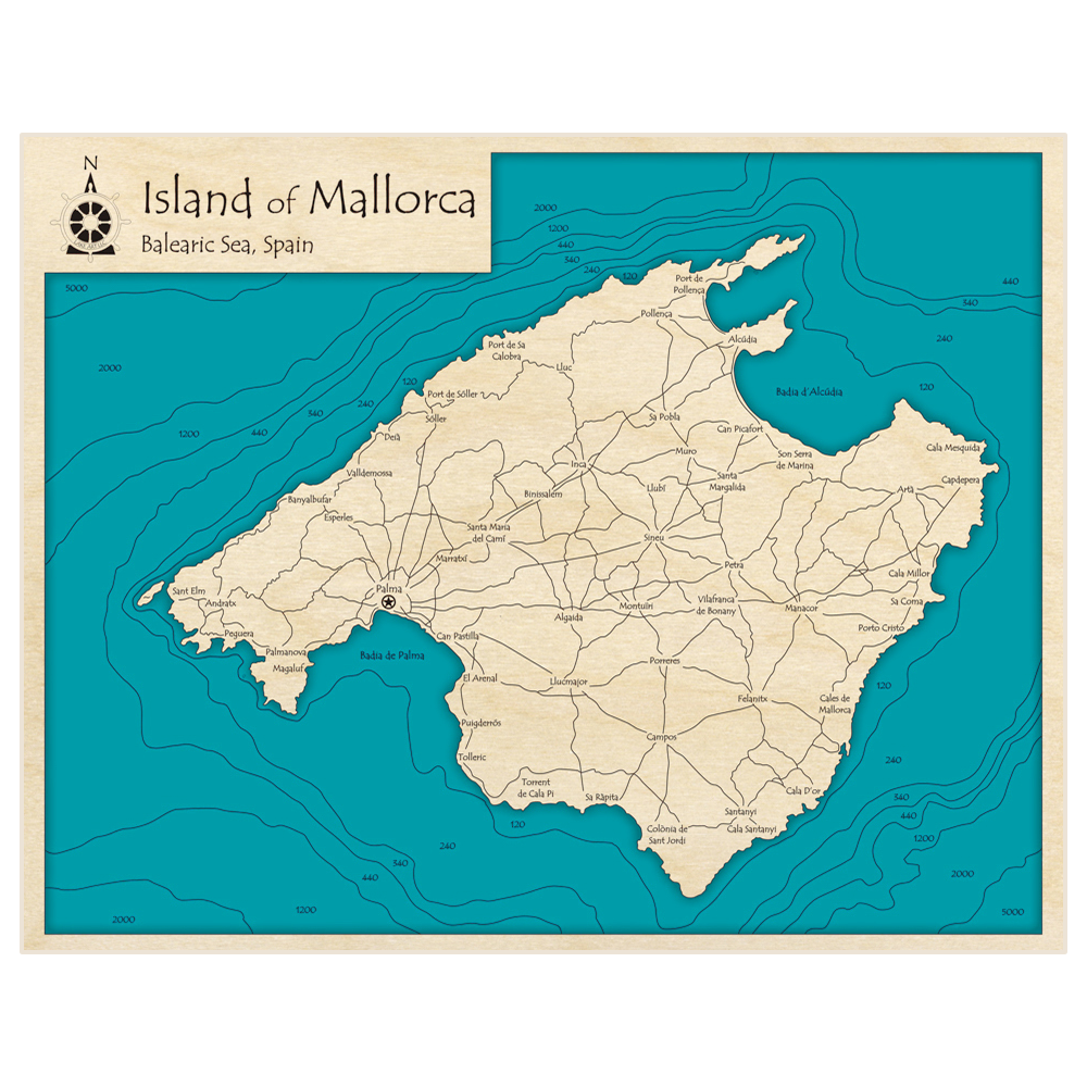 Bathymetric topo map of Island of Mallorca with roads, towns and depths noted in blue water