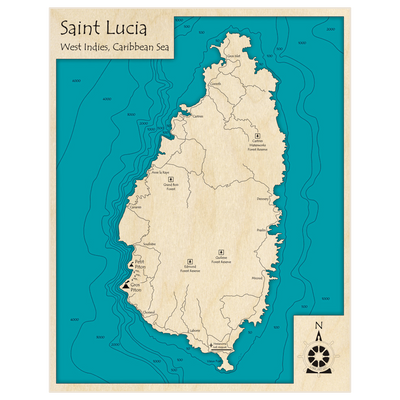 Bathymetric topo map of Saint Lucia with roads, towns and depths noted in blue water