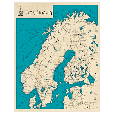 Bathymetric topo map of Scandinavia (Norway Sweden Finland) with roads, towns and depths noted in blue water