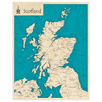 Bathymetric topo map of Scotland with roads, towns and depths noted in blue water