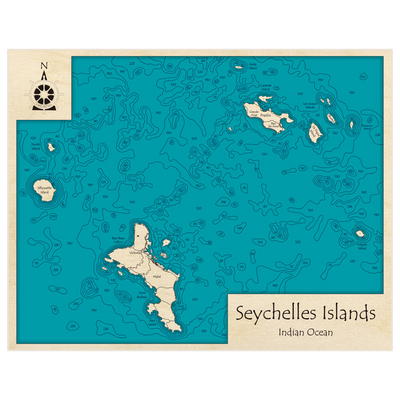 Bathymetric topo map of Seychelles Islands with roads, towns and depths noted in blue water