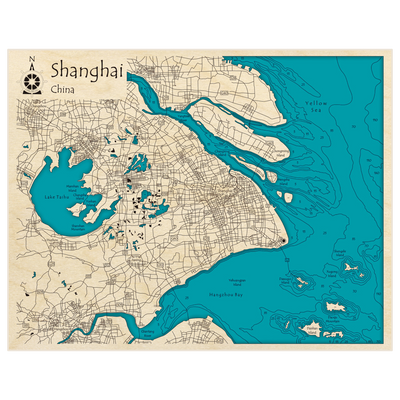 Bathymetric topo map of Shanghai with roads, towns and depths noted in blue water