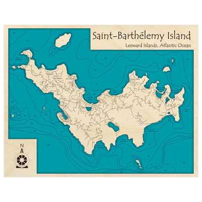 Bathymetric topo map of Saint-Barthelemy Island with roads, towns and depths noted in blue water