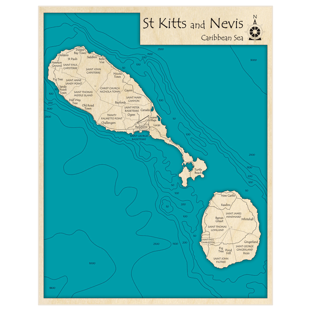 Bathymetric topo map of St Kitts and Nevis with roads, towns and depths noted in blue water