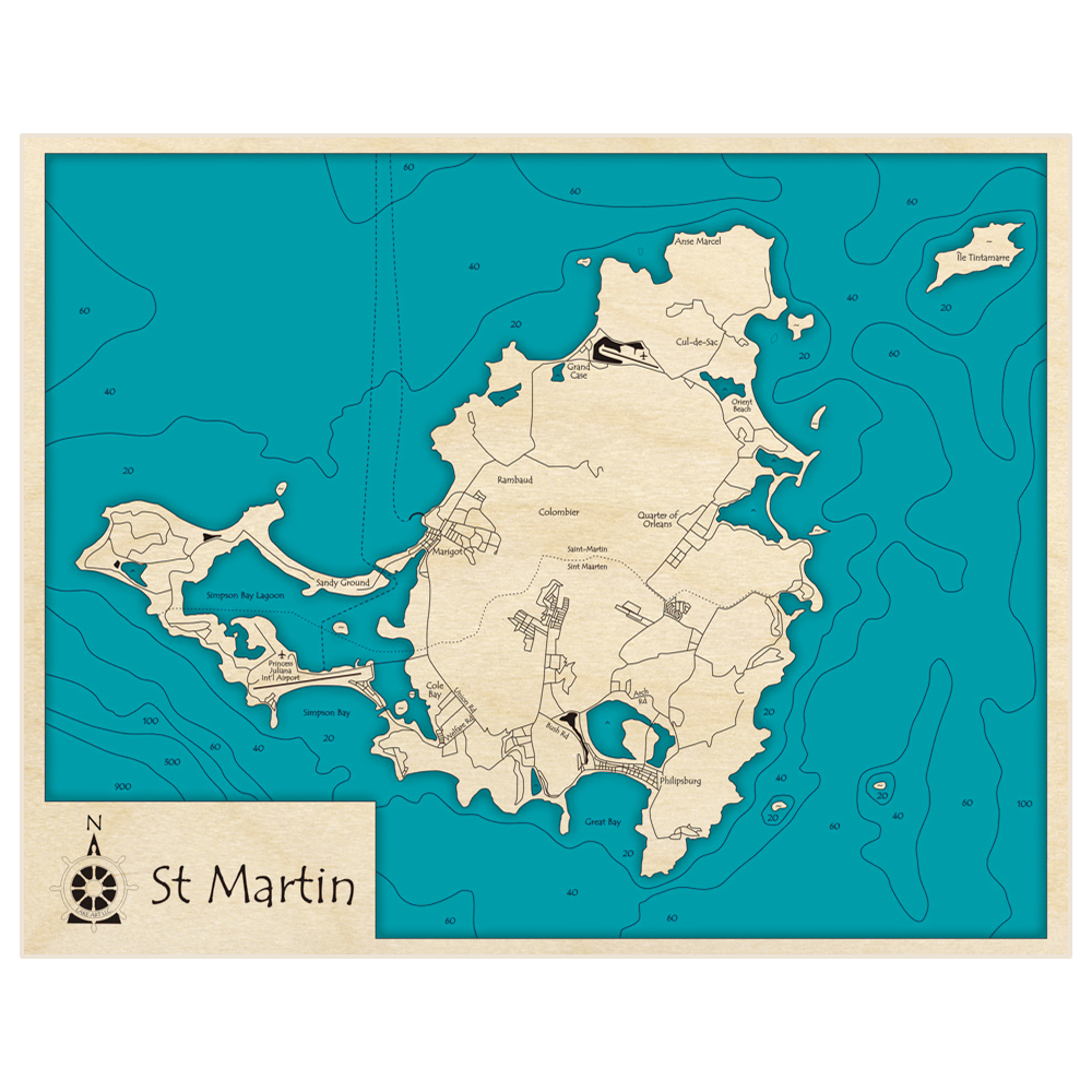 Bathymetric topo map of St Martin with roads, towns and depths noted in blue water