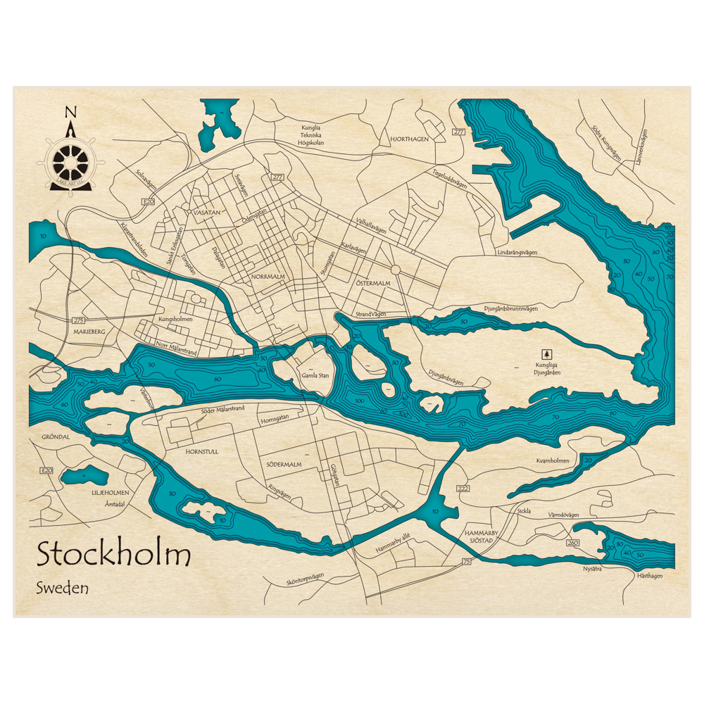 Bathymetric topo map of Stockholm Sweden with roads, towns and depths noted in blue water