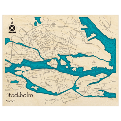 Bathymetric topo map of Stockholm Sweden with roads, towns and depths noted in blue water