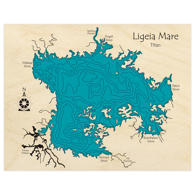 Bathymetric topo map of Ligeia Mare  with roads, towns and depths noted in blue water