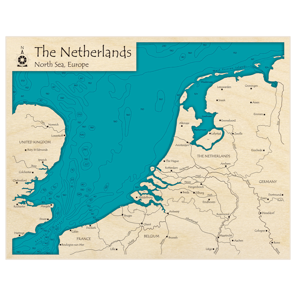 Bathymetric topo map of The Netherlands with roads, towns and depths noted in blue water