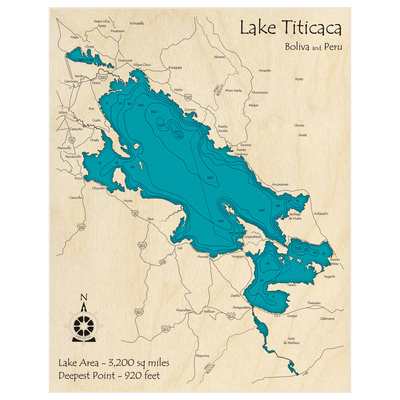 Bathymetric topo map of Lake Titicaca with roads, towns and depths noted in blue water