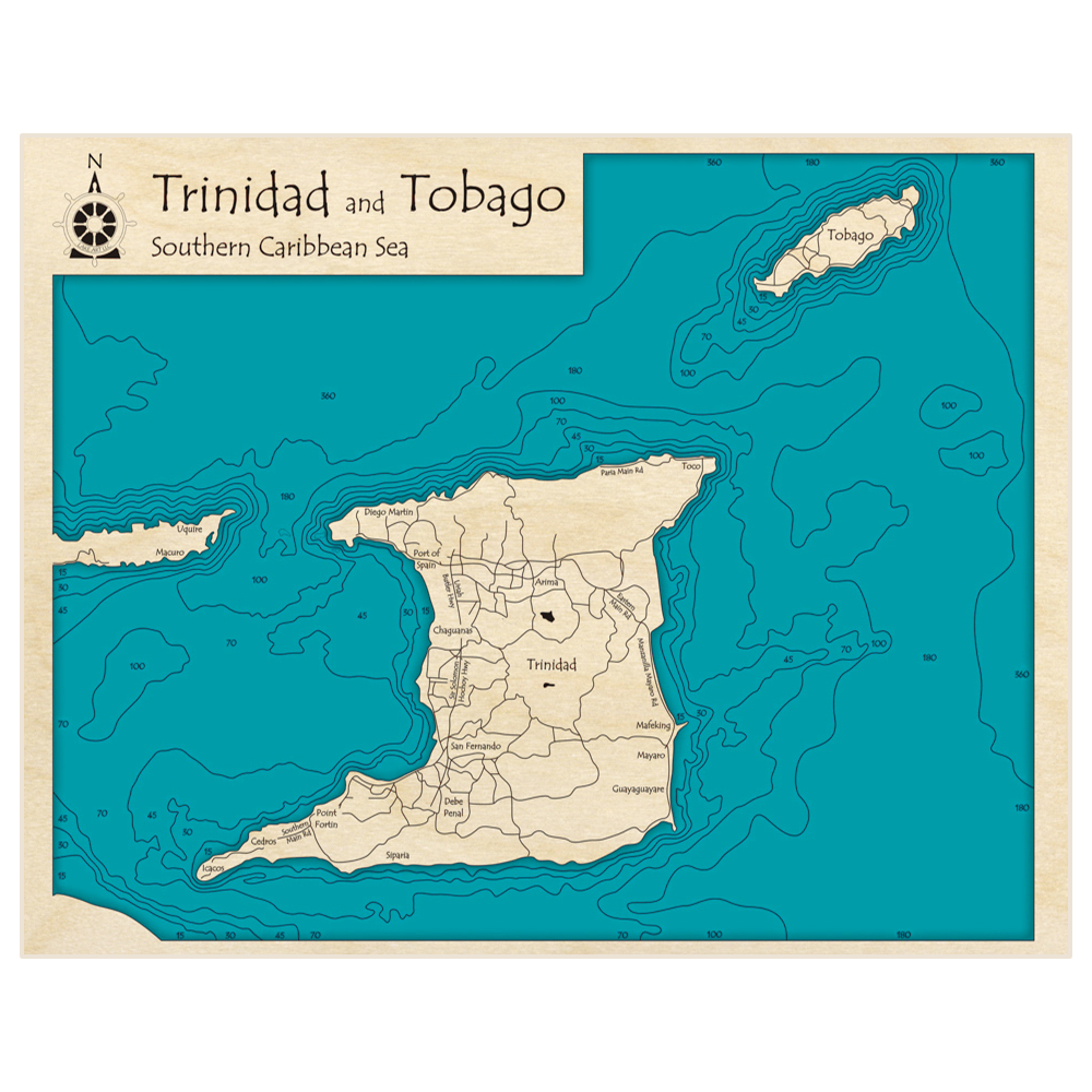 Bathymetric topo map of Trinidad and Tobago with roads, towns and depths noted in blue water