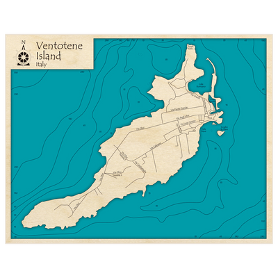 Bathymetric topo map of Ventotene Island with roads, towns and depths noted in blue water