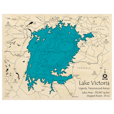 Bathymetric topo map of Lake Victoria with roads, towns and depths noted in blue water