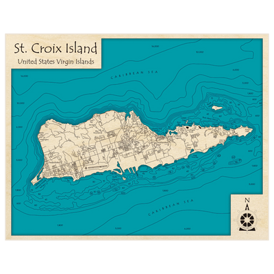 Bathymetric topo map of St Croix Island with roads, towns and depths noted in blue water