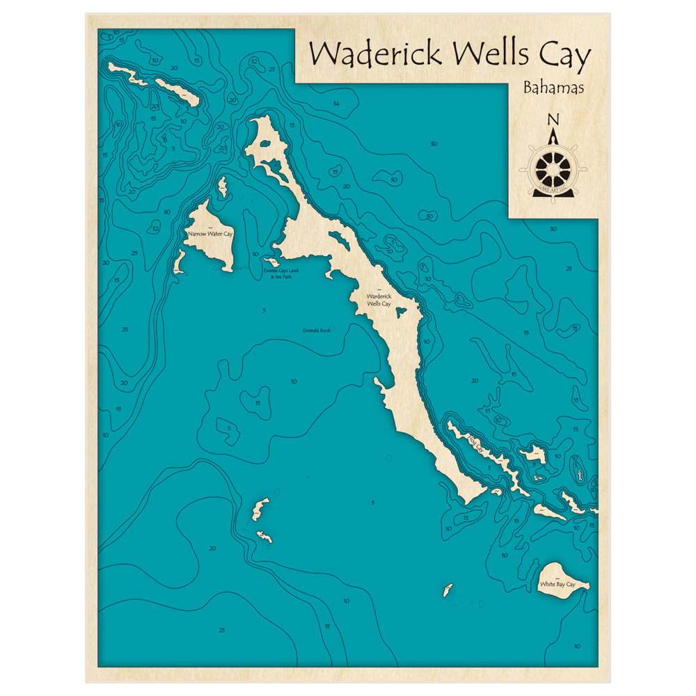 Bathymetric topo map of Waderick Wells Cay with roads, towns and depths noted in blue water