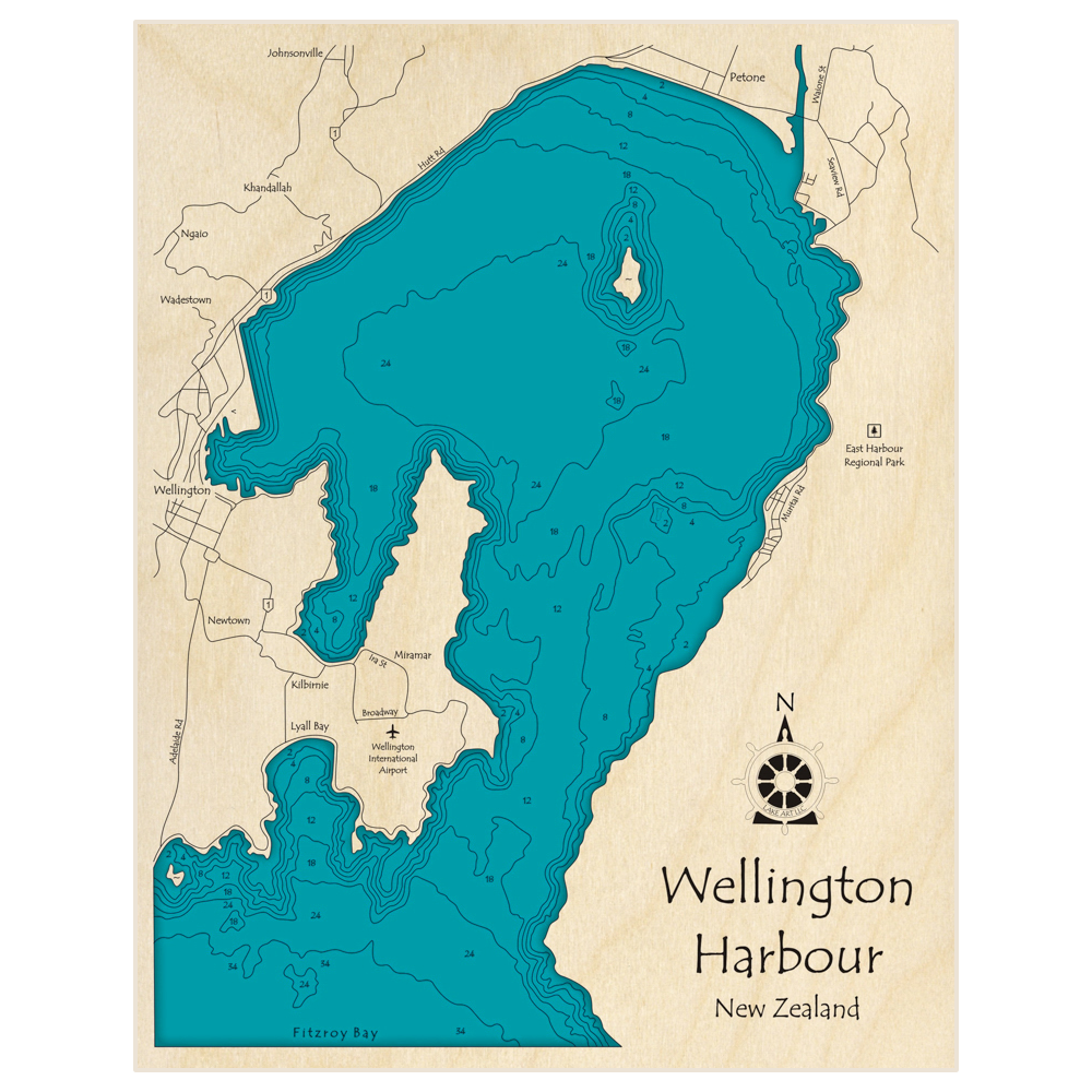 Bathymetric topo map of Wellington Harbour with roads, towns and depths noted in blue water