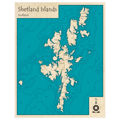 Bathymetric topo map of Shetland Islands with roads, towns and depths noted in blue water