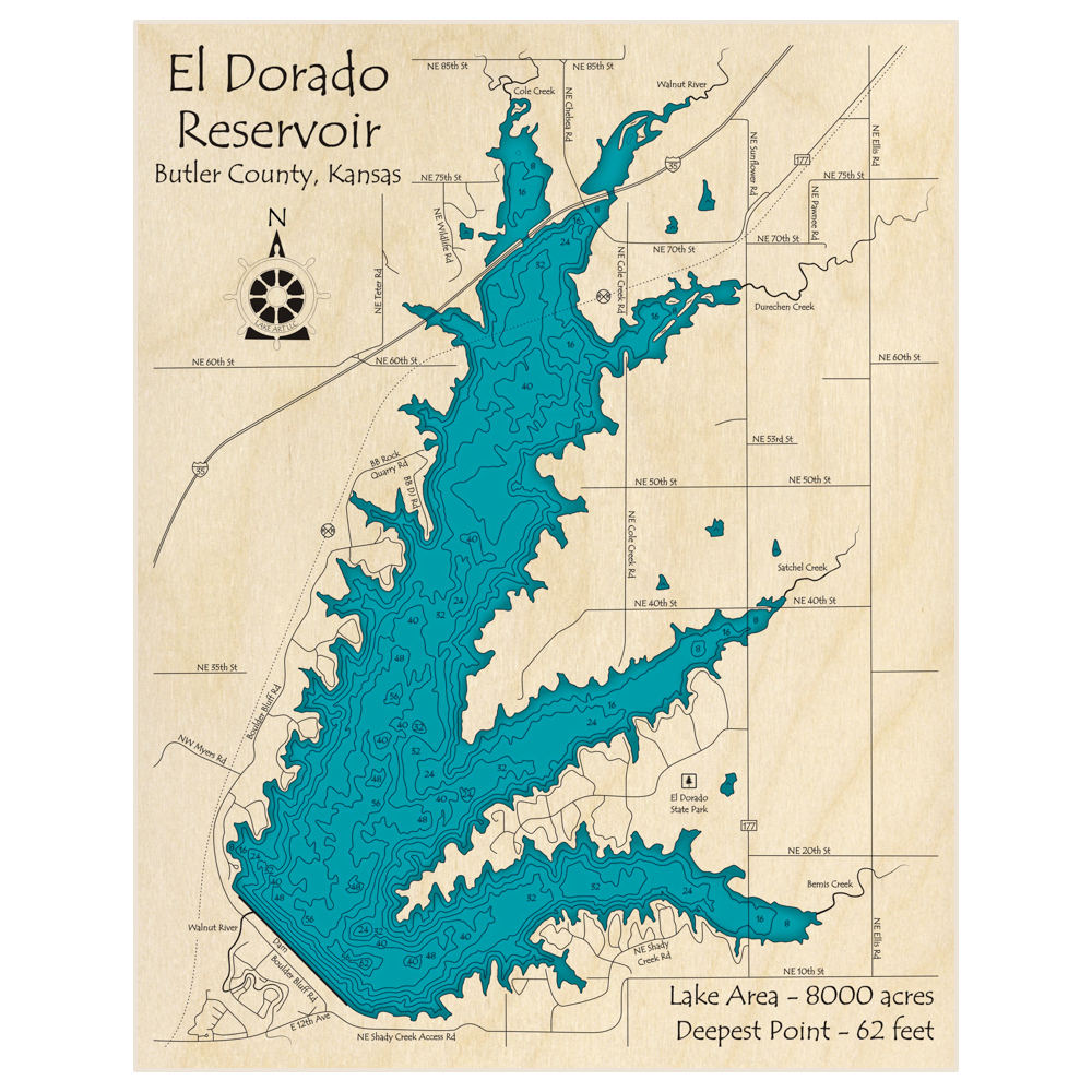 Bathymetric topo map of El Dorado Reservoir with roads, towns and depths noted in blue water