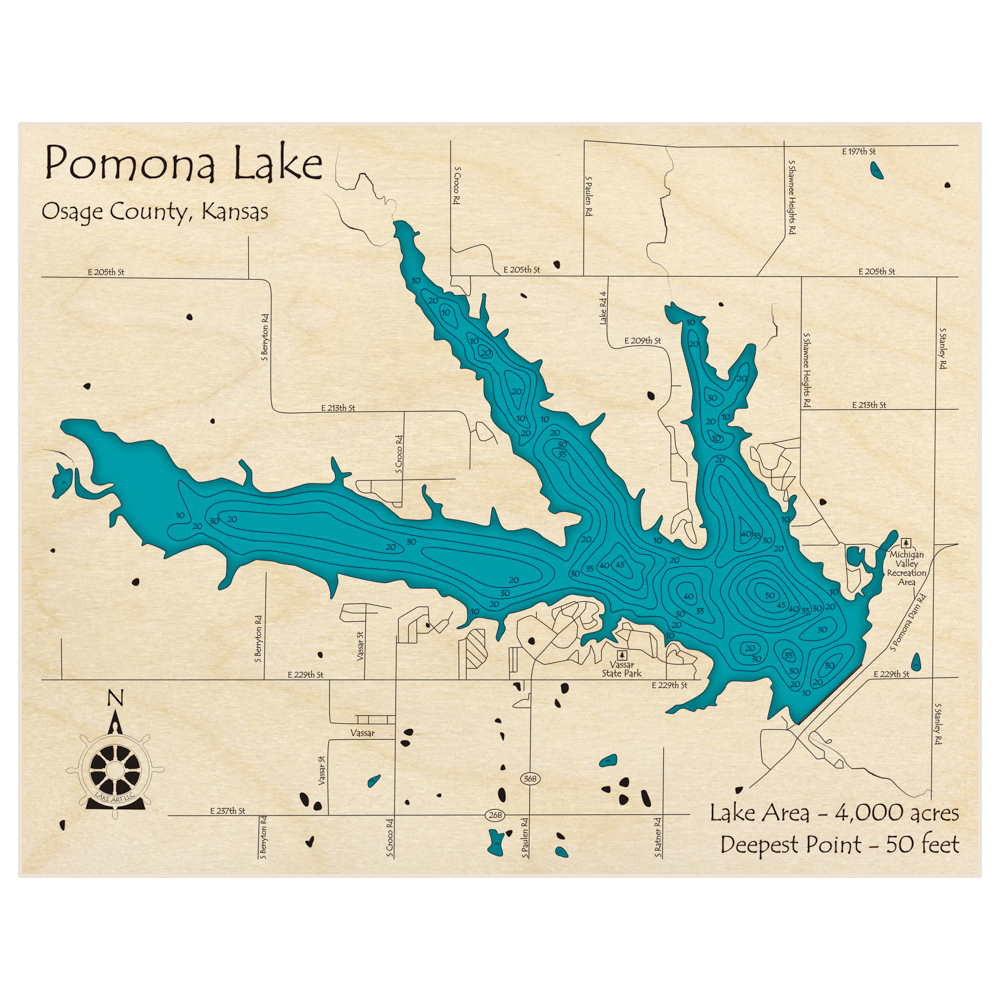 Bathymetric topo map of Pomona Lake with roads, towns and depths noted in blue water