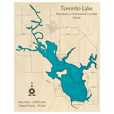 Bathymetric topo map of Toronto Lake with roads, towns and depths noted in blue water