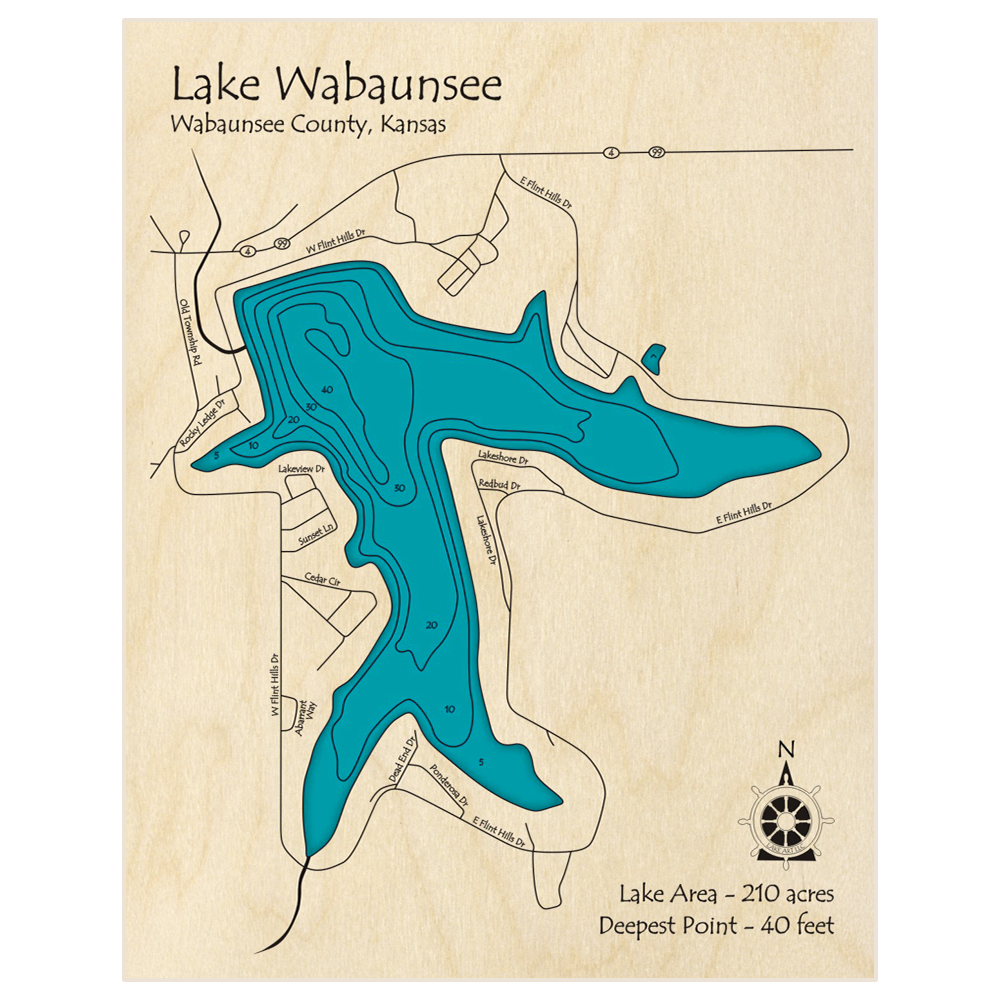 Bathymetric topo map of Lake Wabaunsee with roads, towns and depths noted in blue water