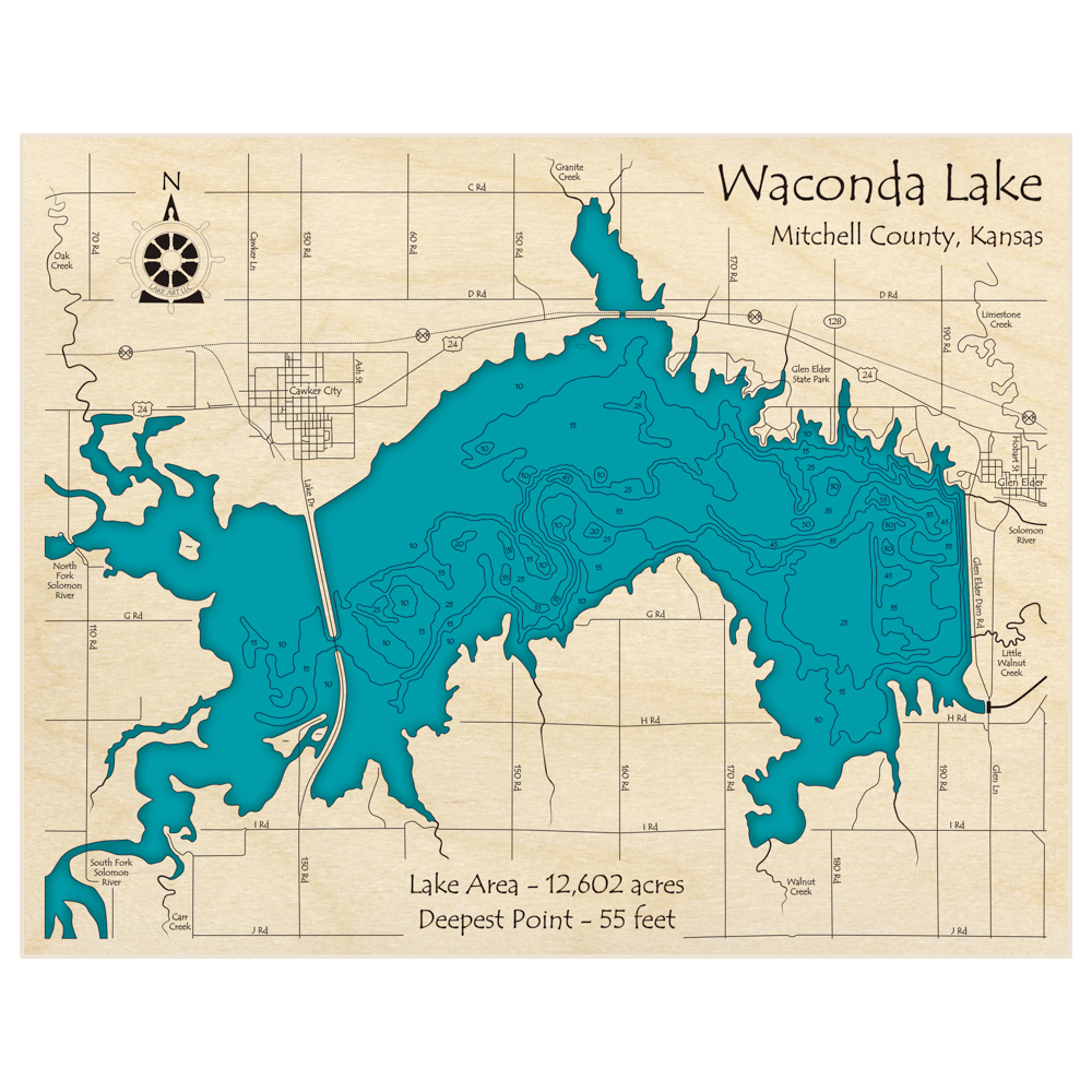 Bathymetric topo map of Waconda Lake with roads, towns and depths noted in blue water