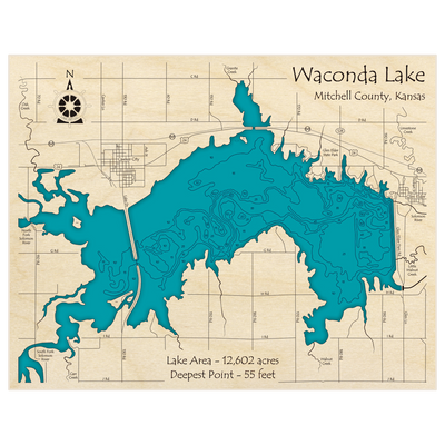 Bathymetric topo map of Waconda Lake with roads, towns and depths noted in blue water