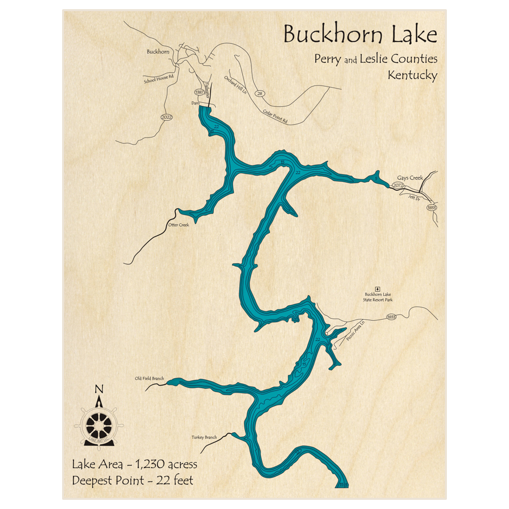 Bathymetric topo map of Lake Buckhorn with roads, towns and depths noted in blue water