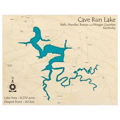 Bathymetric topo map of Cave Run Lake with roads, towns and depths noted in blue water