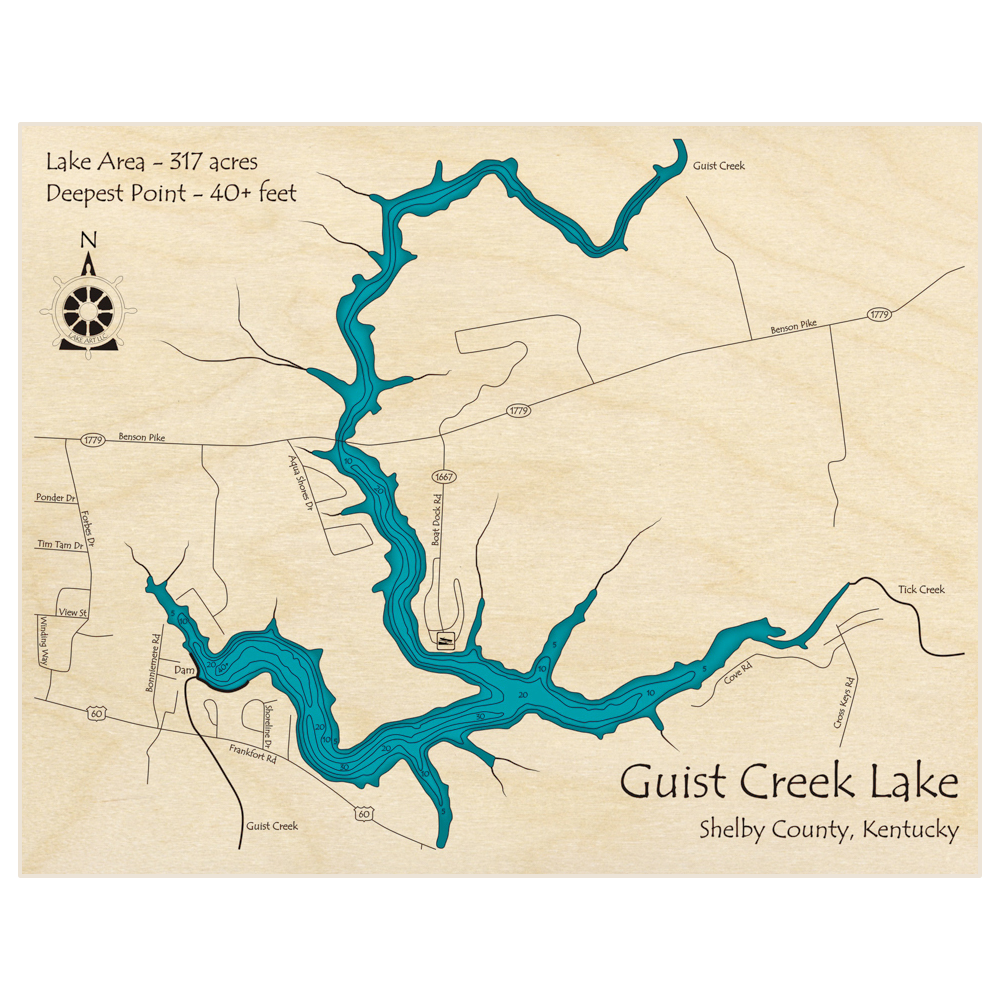 Bathymetric topo map of Guist Creek Lake with roads, towns and depths noted in blue water