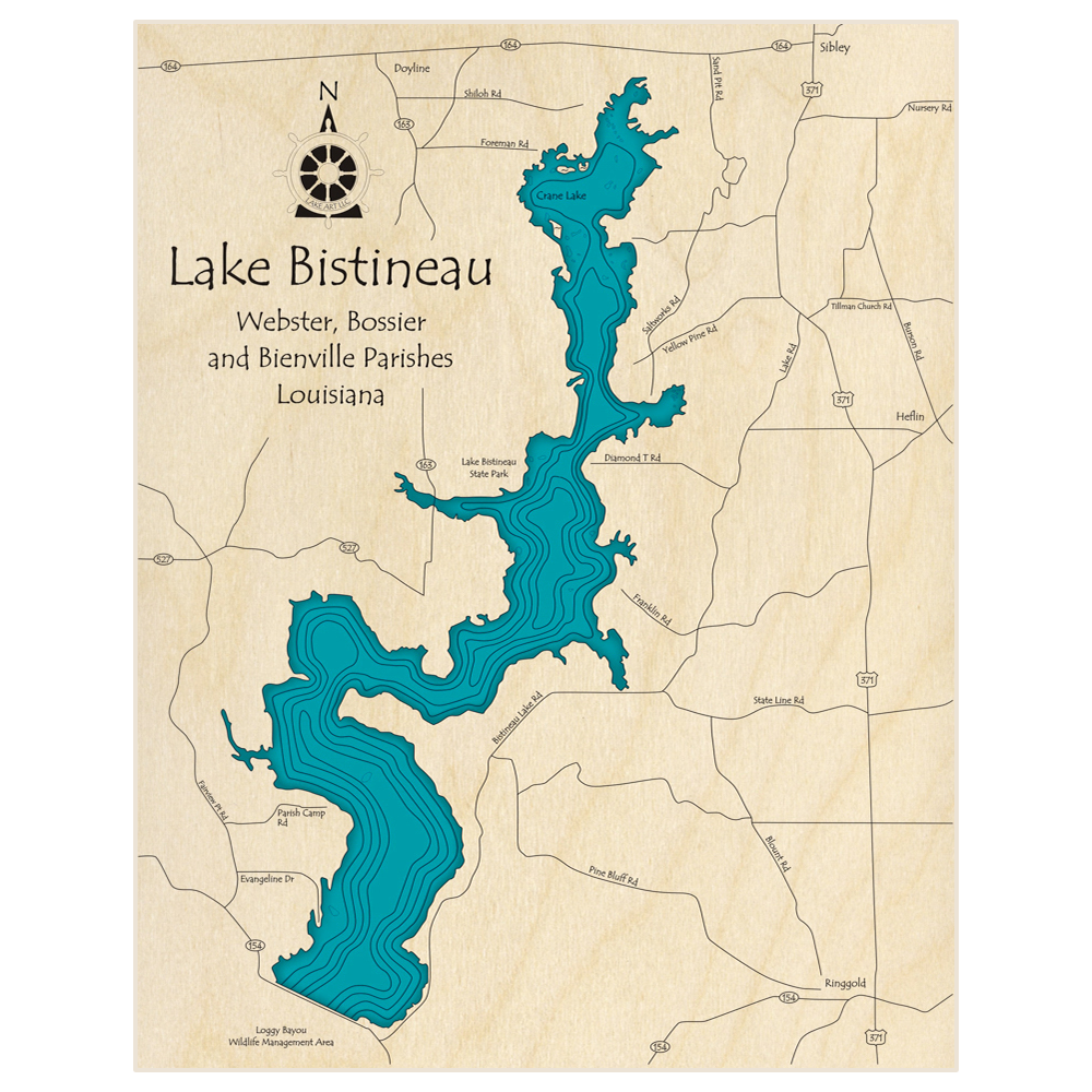 Bathymetric topo map of Lake Bistineau  with roads, towns and depths noted in blue water