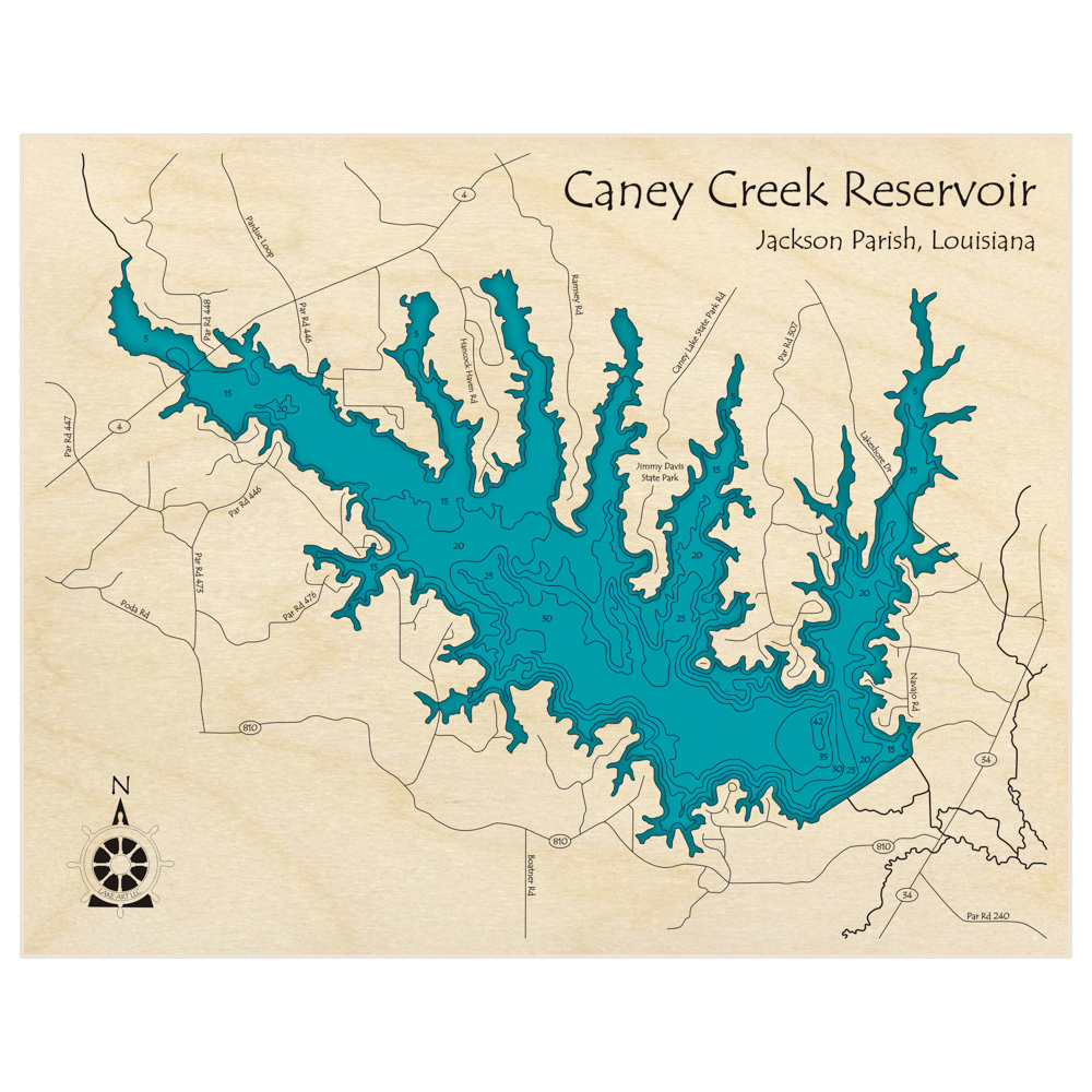 Bathymetric topo map of Caney Creek Reservoir with roads, towns and depths noted in blue water