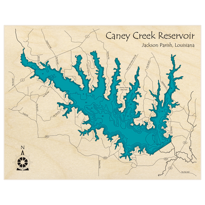 Bathymetric topo map of Caney Creek Reservoir with roads, towns and depths noted in blue water