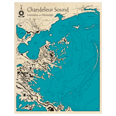 Bathymetric topo map of Chandeleur Sound with roads, towns and depths noted in blue water