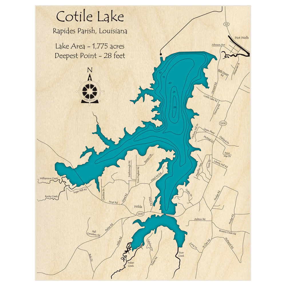 Bathymetric topo map of Cotile Lake with roads, towns and depths noted in blue water