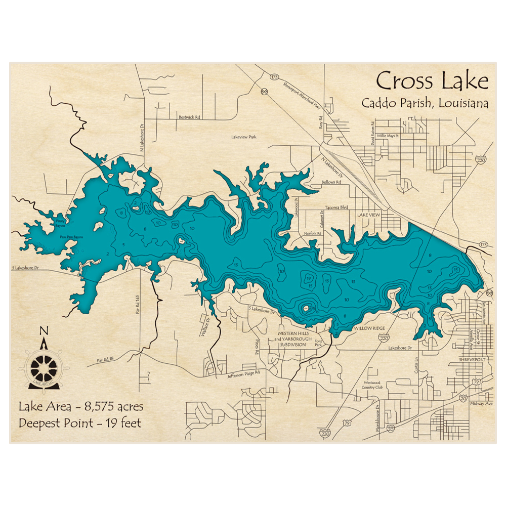 Bathymetric topo map of Cross Lake with roads, towns and depths noted in blue water