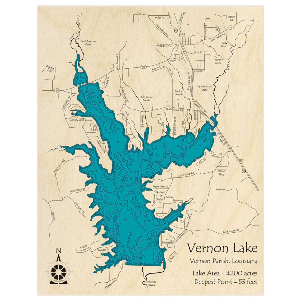 Bathymetric topo map of Vernon Lake with roads, towns and depths noted in blue water