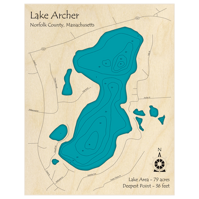 Bathymetric topo map of Lake Archer with roads, towns and depths noted in blue water