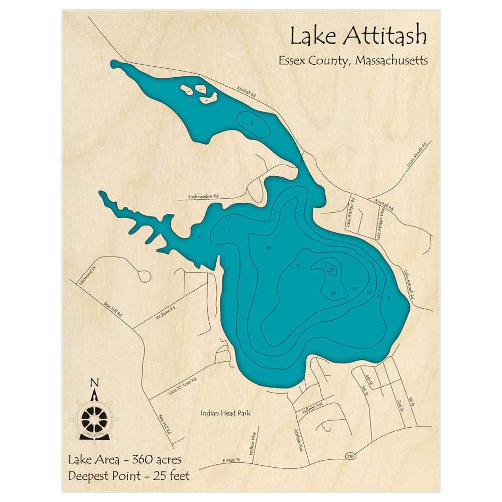 Bathymetric topo map of Lake Attitash with roads, towns and depths noted in blue water