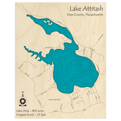 Bathymetric topo map of Lake Attitash with roads, towns and depths noted in blue water