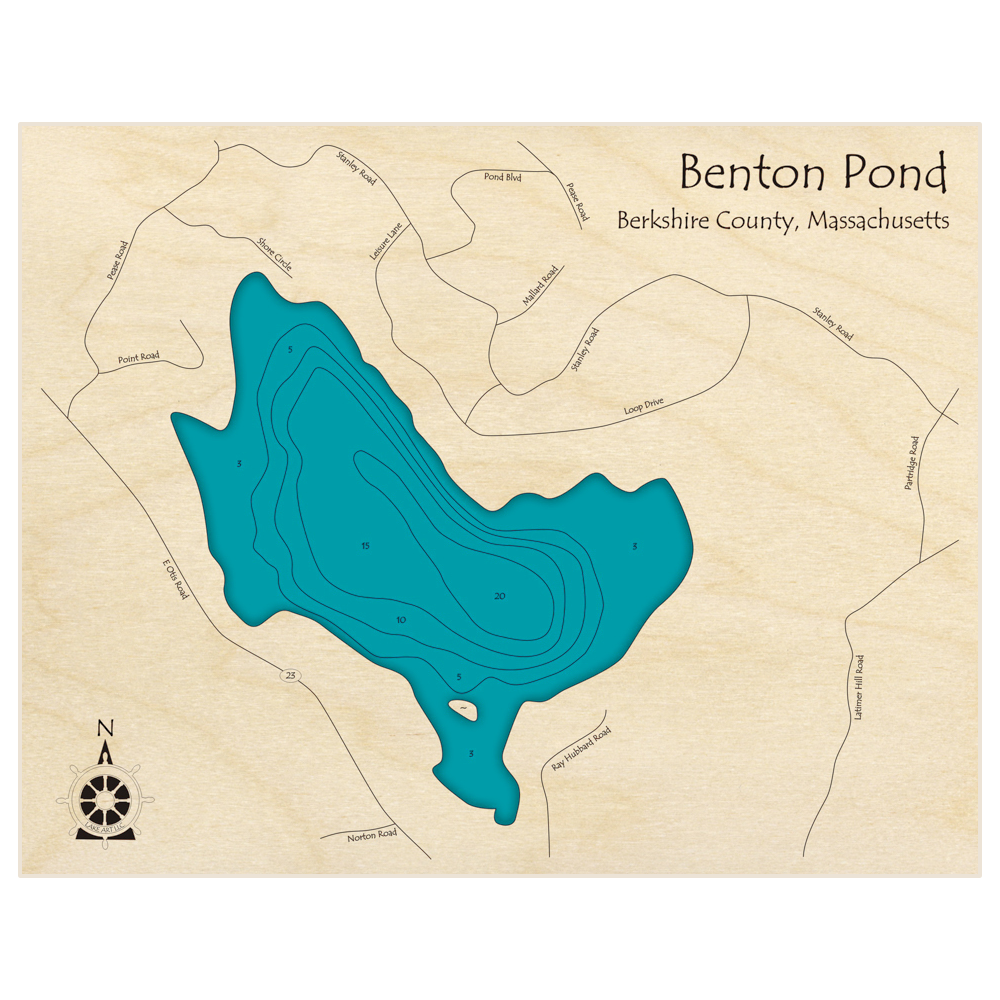 Bathymetric topo map of Benton Pond (aka Little Benton) with roads, towns and depths noted in blue water