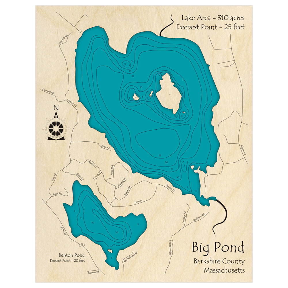 Bathymetric topo map of Big Pond (w Benton Pond) with roads, towns and depths noted in blue water