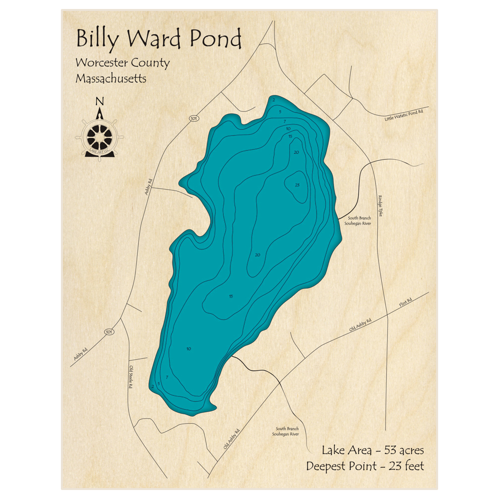 Bathymetric topo map of Billy Ward Pond with roads, towns and depths noted in blue water